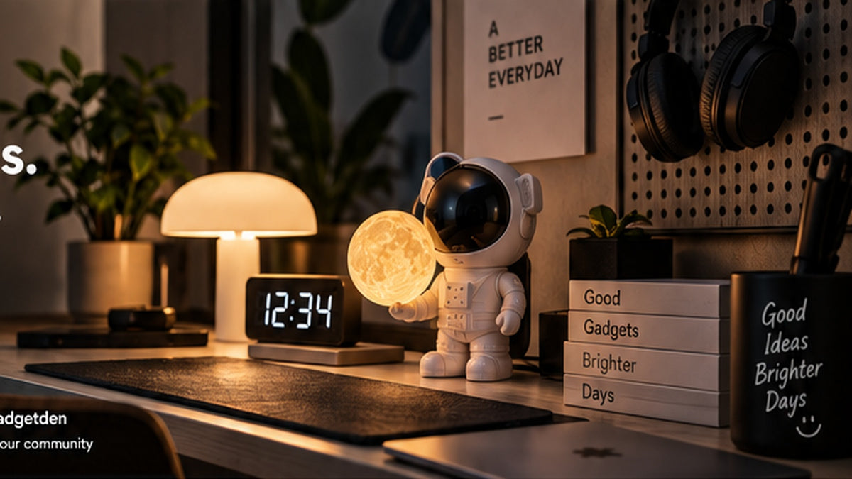 Warm modern Gadget Den workspace with everyday gadgets